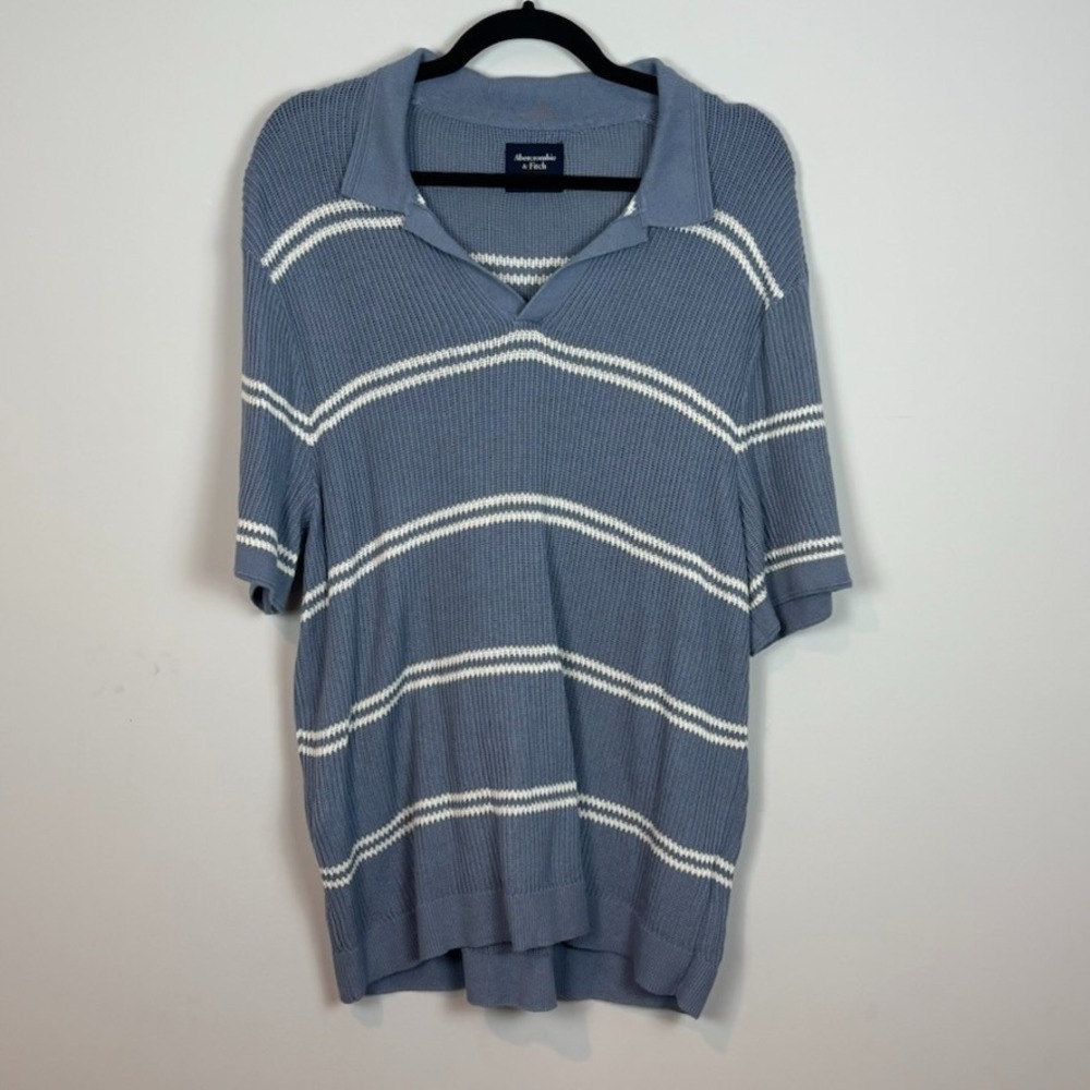 Abercrombie & Fitch Mens Blue Johnny Collar Open Knit Short Sleeve Sweater SZ XL